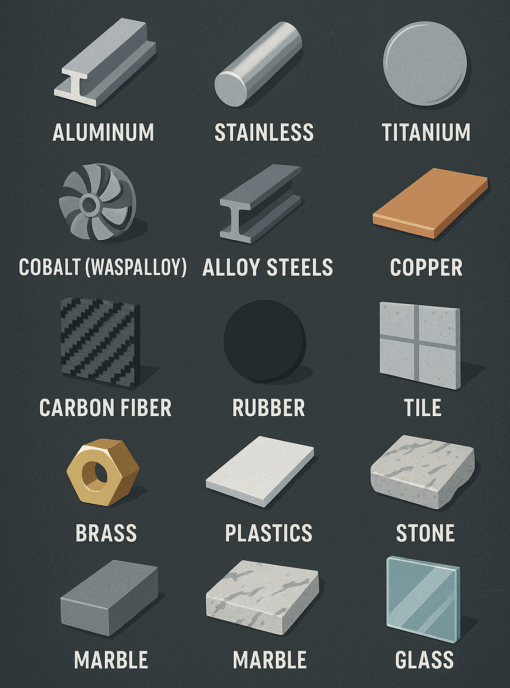 Shows a variety of different materials mainstream waterjet works with.